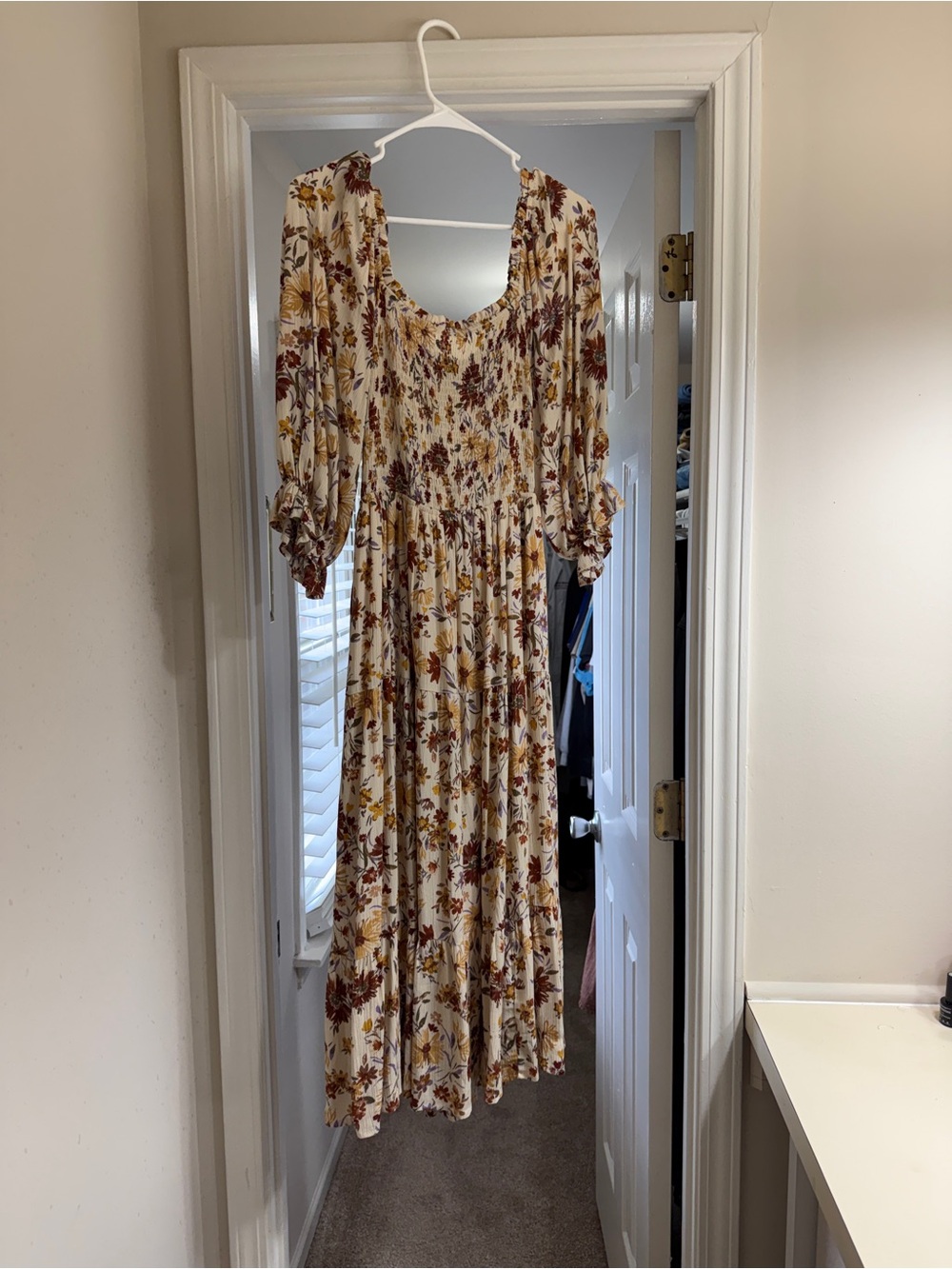 Floral Smocked Midi Dress in Ivory and Rust